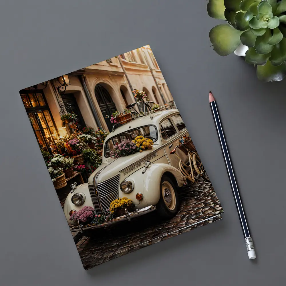Vintage Classic Car Cobblestone Street Flowers – Notebooks