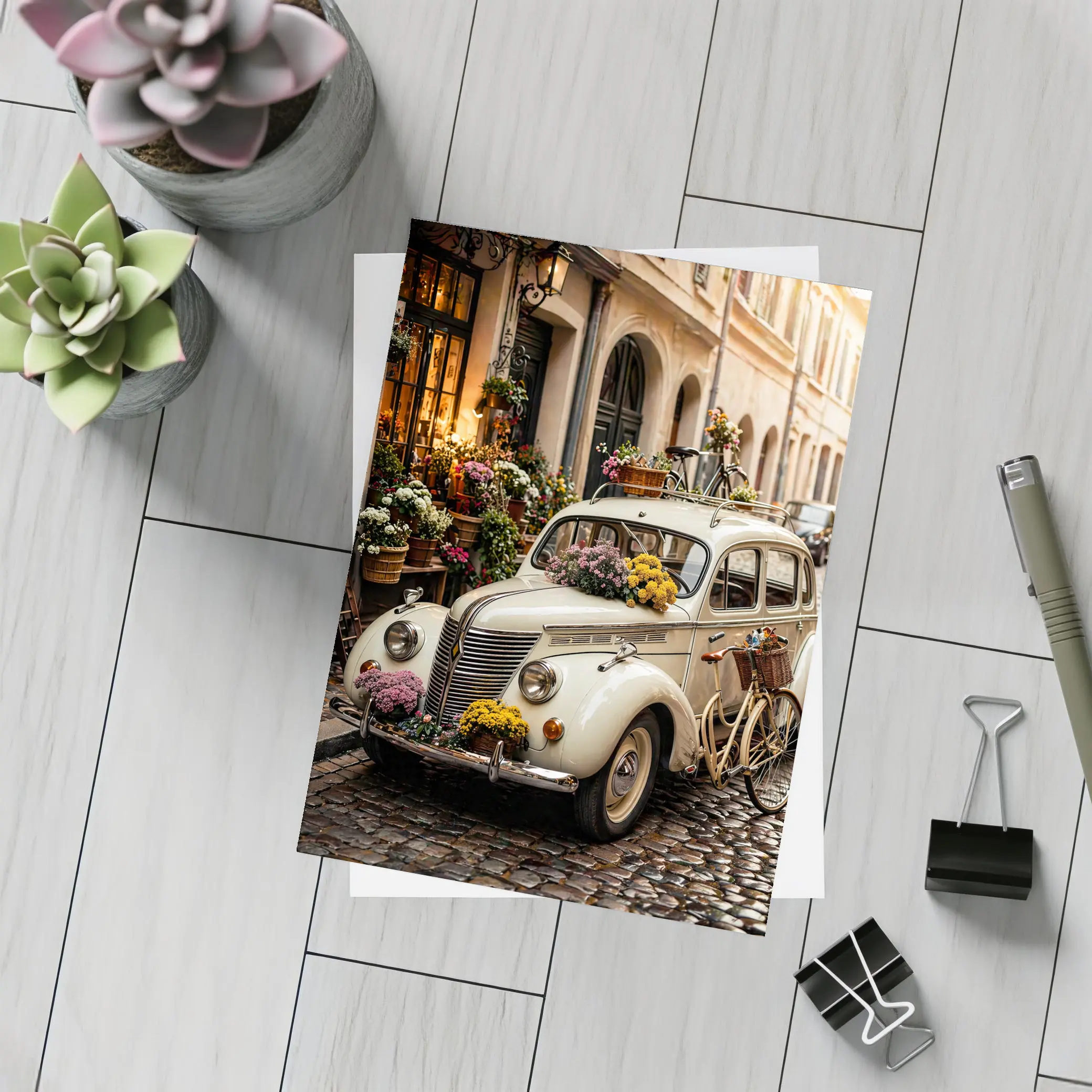 Vintage Classic Car Cobblestone Street Flowers – Postcards