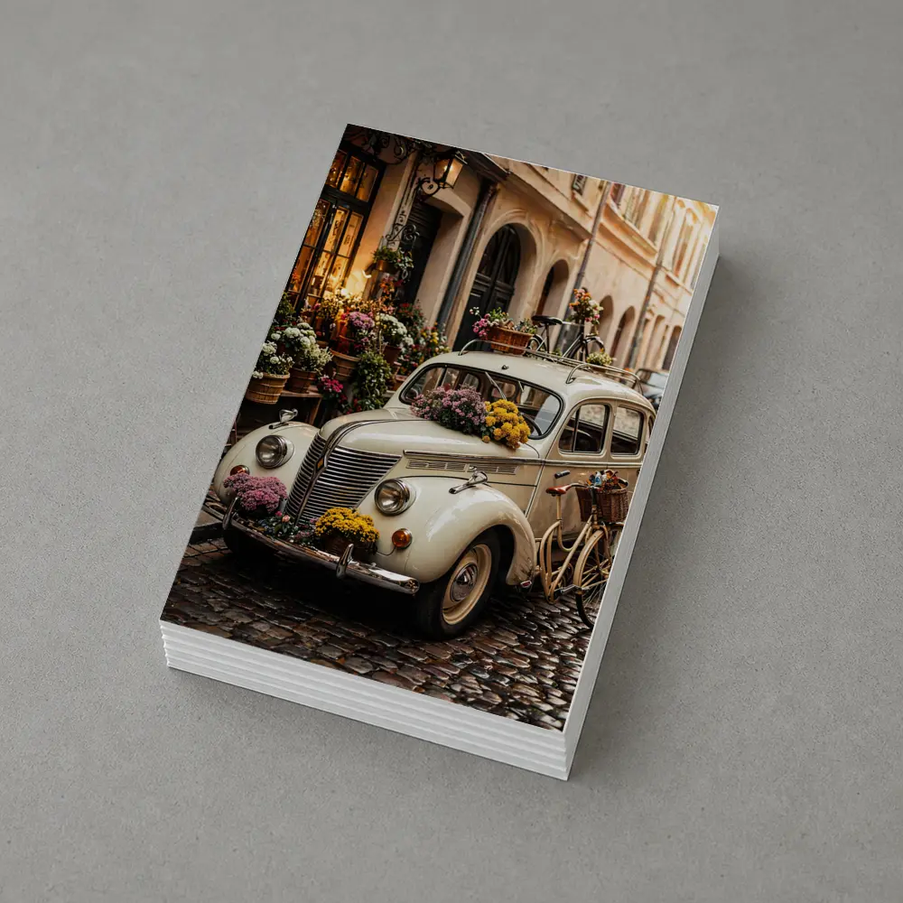 Vintage Classic Car Cobblestone Street Flowers – Postcards