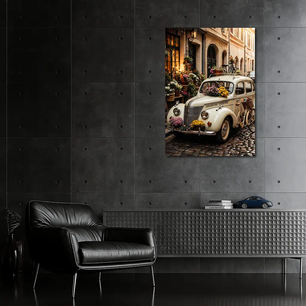 Vintage Classic Car Cobblestone Street Flowers – Wall Art