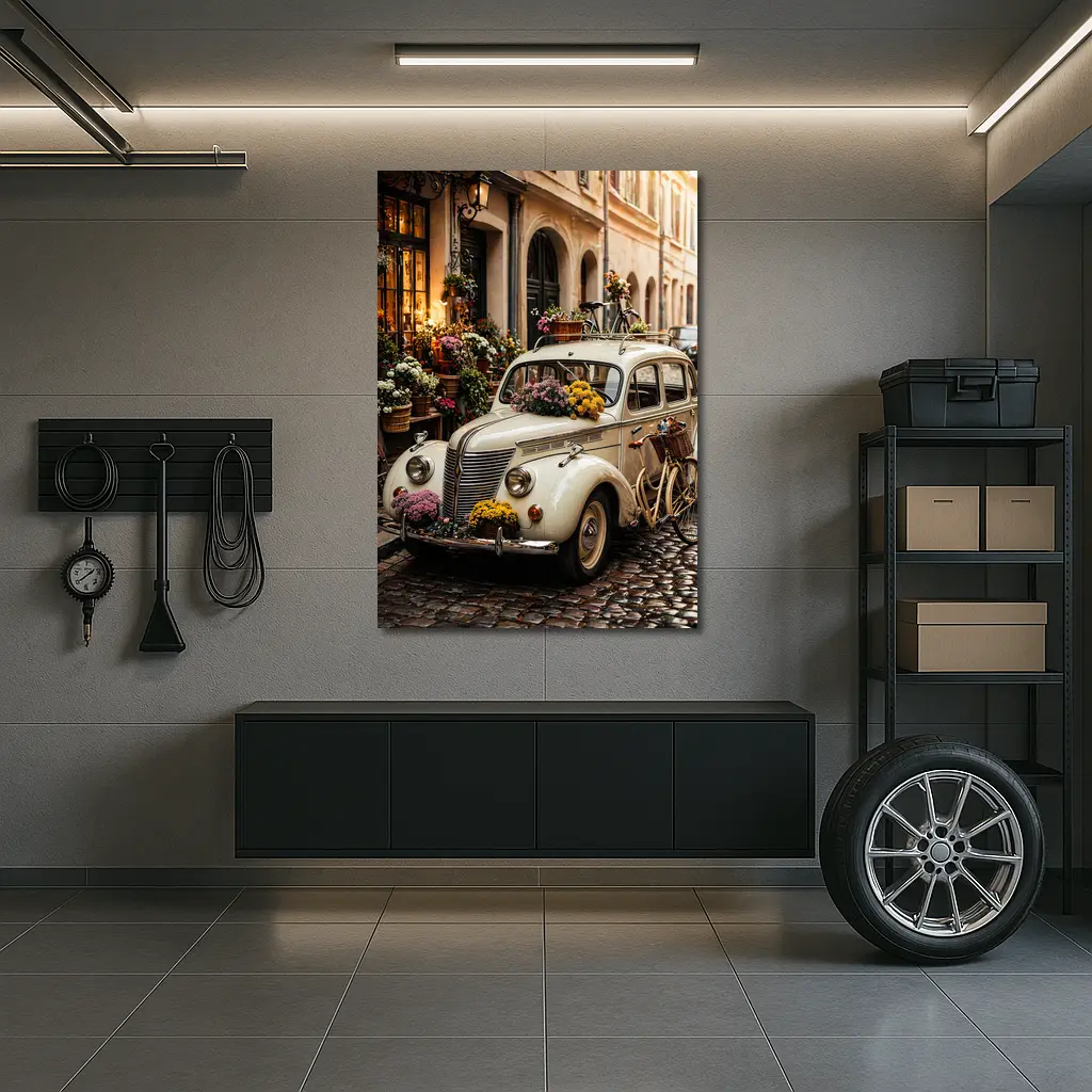 Vintage Classic Car Cobblestone Street Flowers – Wall Art
