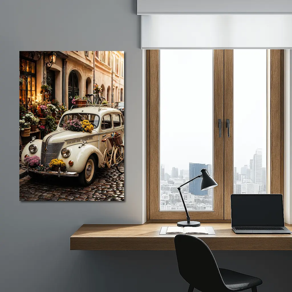 Vintage Classic Car Cobblestone Street Flowers – Wall Art
