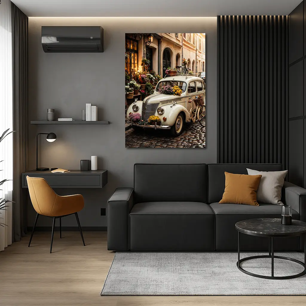 Vintage Classic Car Cobblestone Street Flowers – Wall Art
