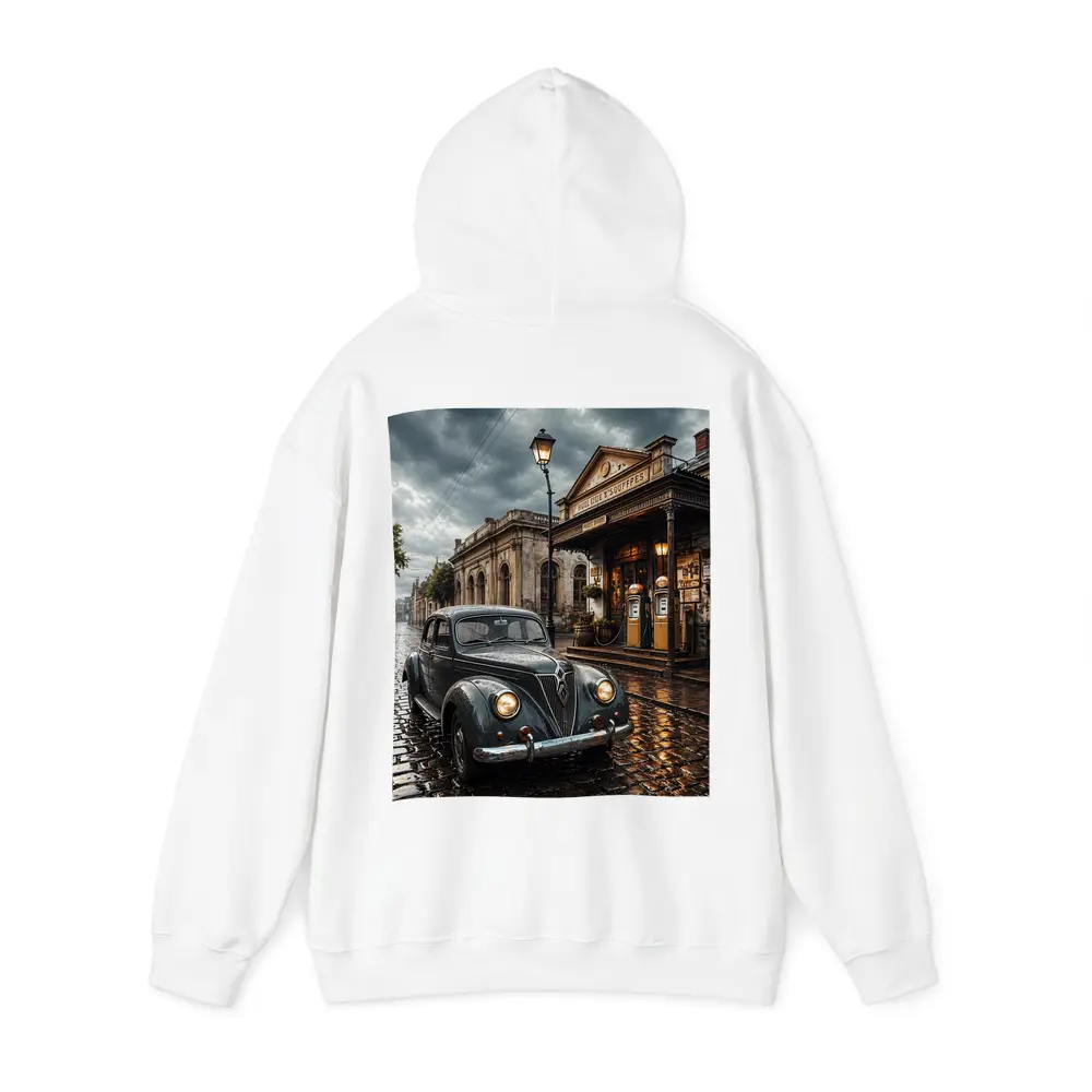 Retro Classic Car Rainy Cobblestone Street Scene – Hoodies