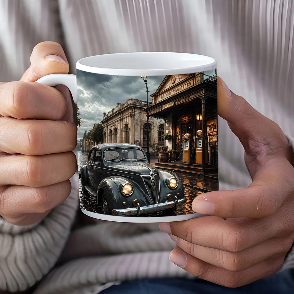 Retro Classic Car Rainy Cobblestone Street Scene – Mugs