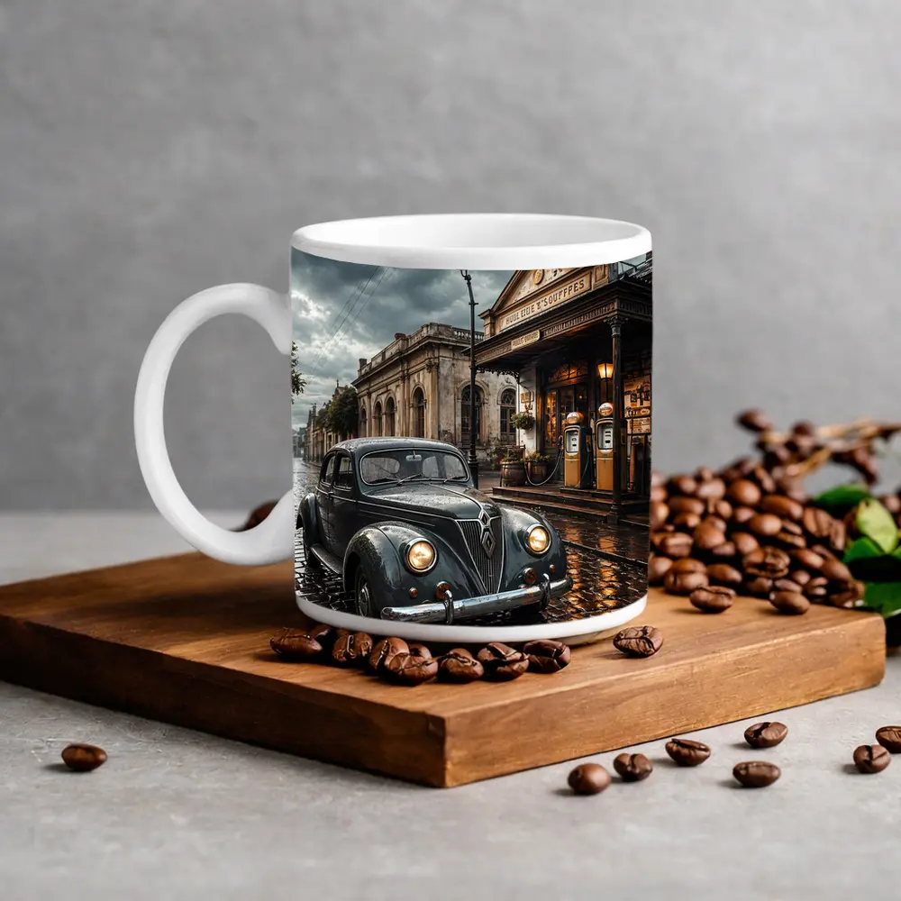 Retro Classic Car Rainy Cobblestone Street Scene – Mugs