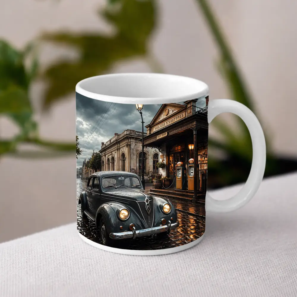 Retro Classic Car Rainy Cobblestone Street Scene – Mugs