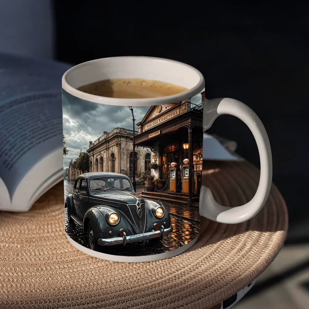 Retro Classic Car Rainy Cobblestone Street Scene – Mugs
