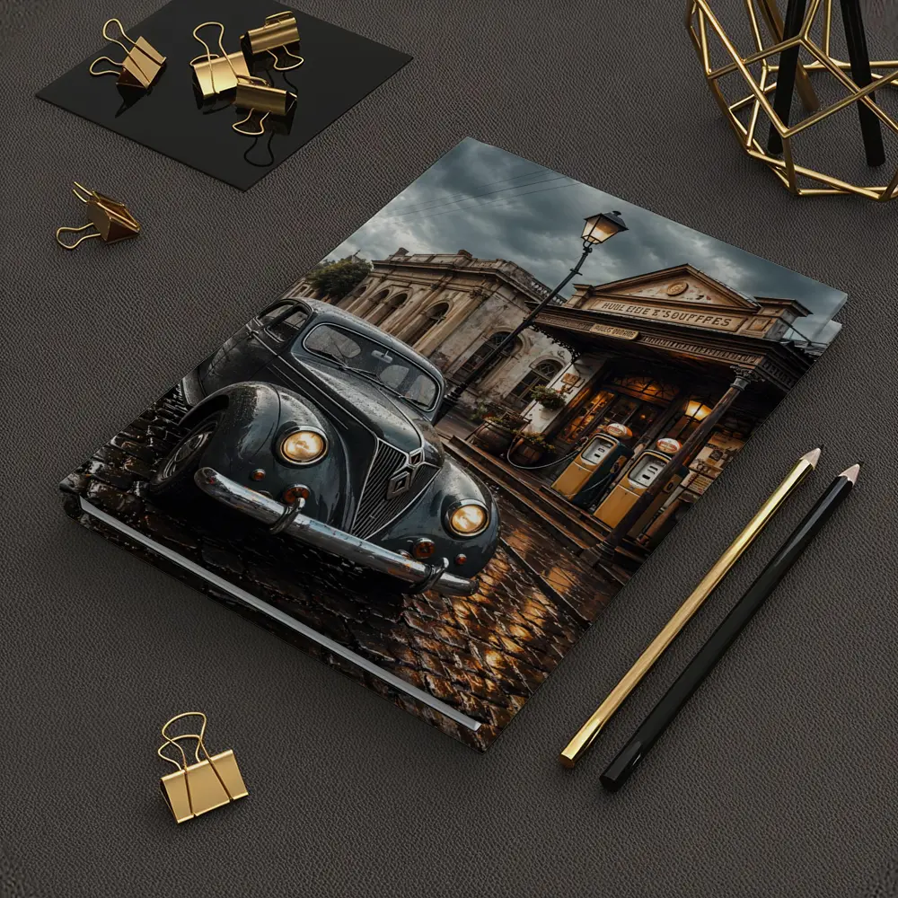 Retro Classic Car Rainy Cobblestone Street Scene – Notebooks