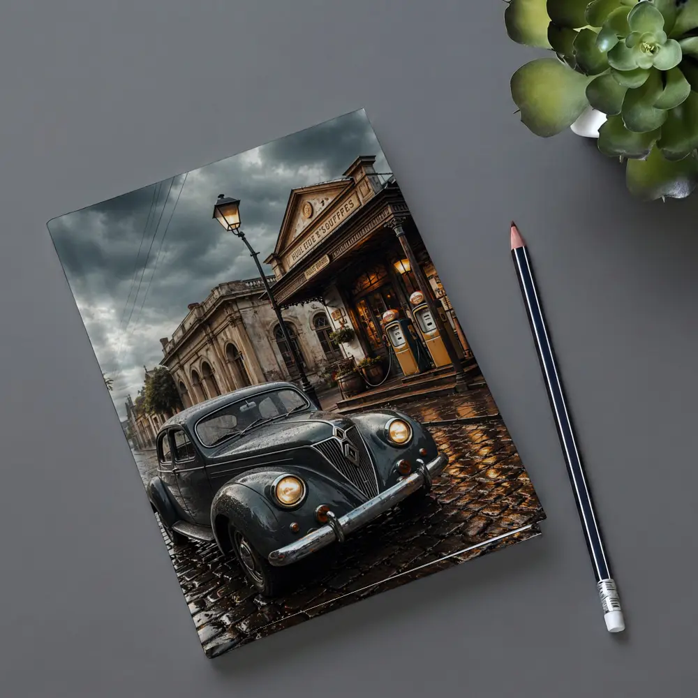 Retro Classic Car Rainy Cobblestone Street Scene – Notebooks