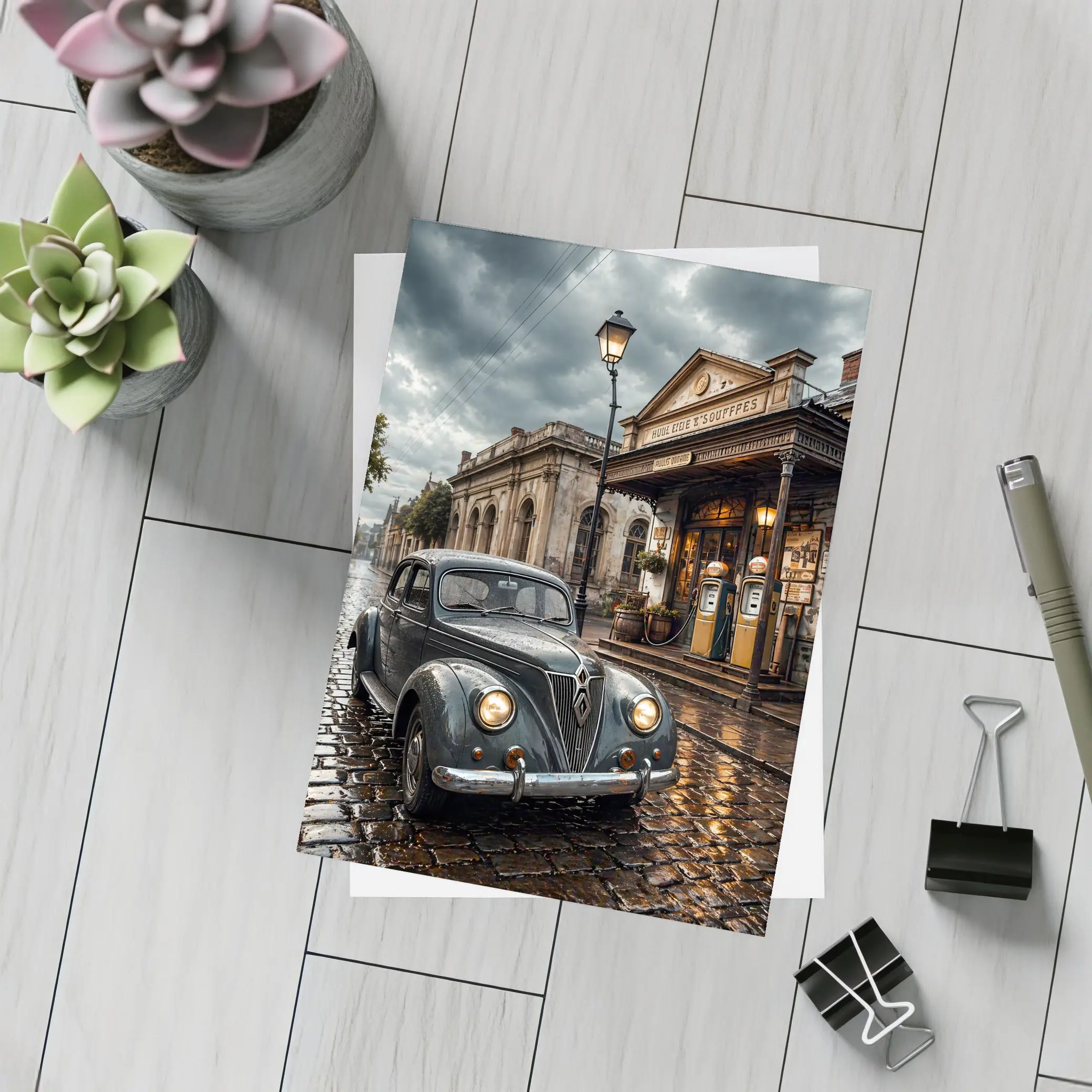 Retro Classic Car Rainy Cobblestone Street Scene – Postcards