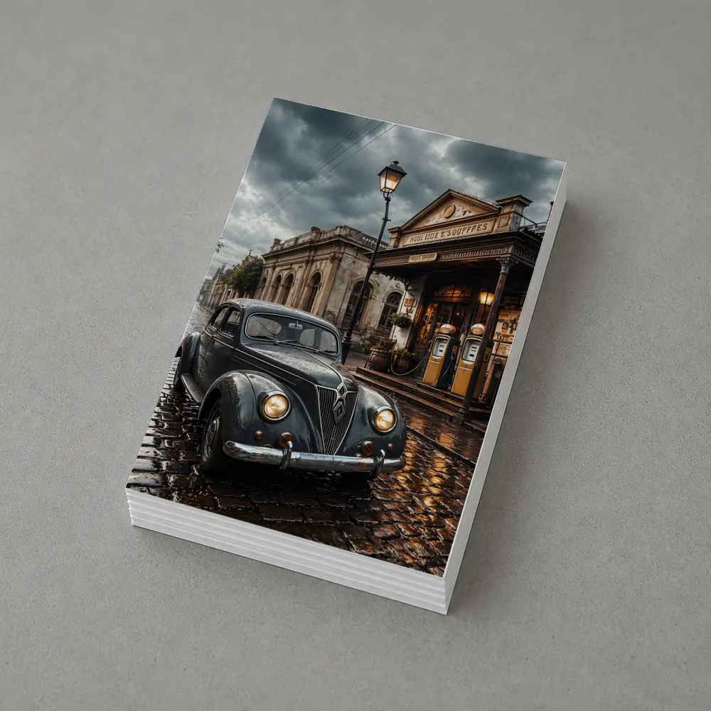 Retro Classic Car Rainy Cobblestone Street Scene – Postcards