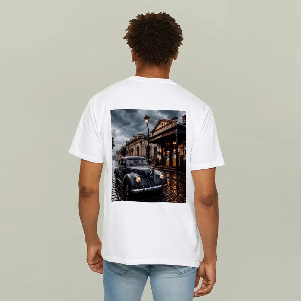 Retro Classic Car Rainy Cobblestone Street Scene – T-Shirts