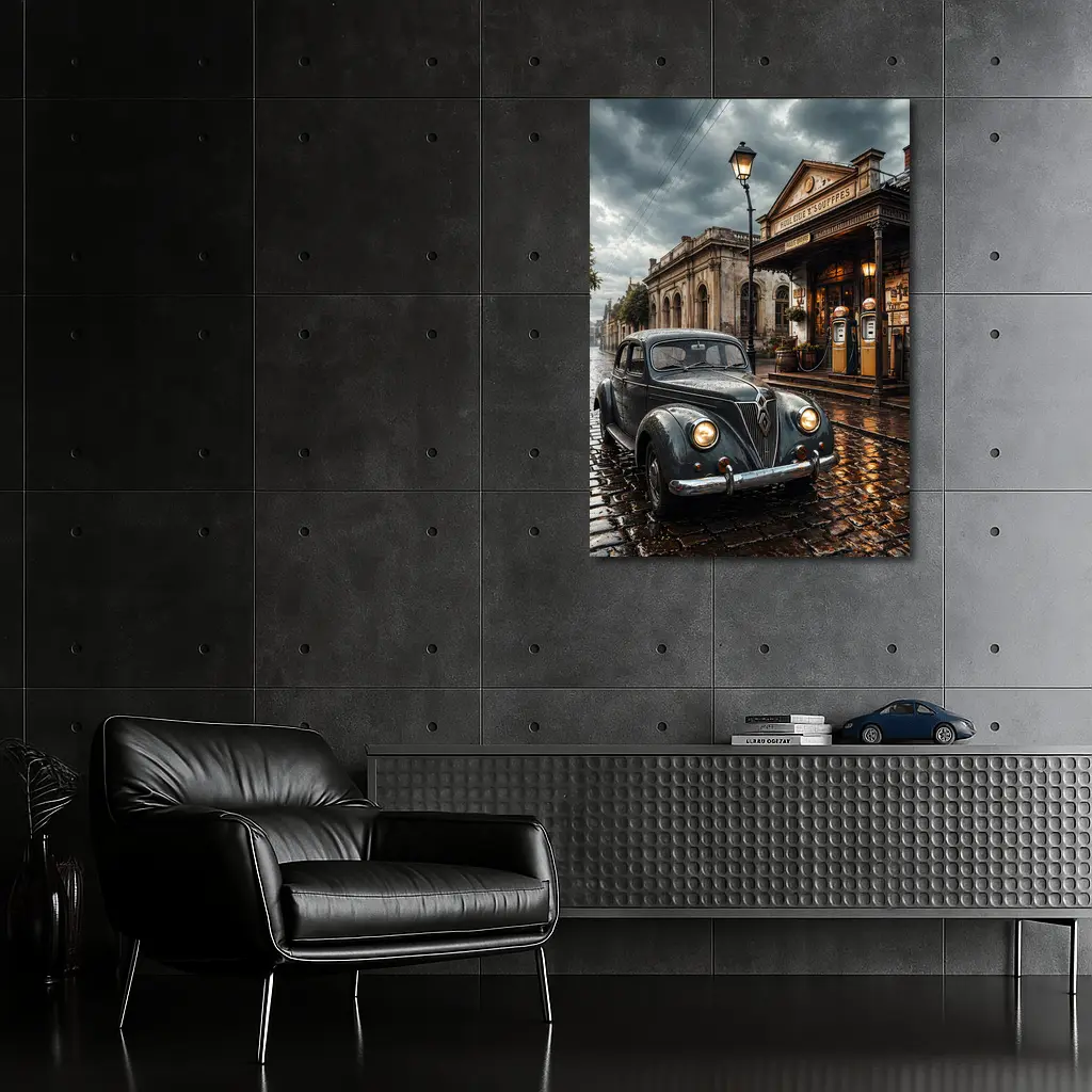 Retro Classic Car Rainy Cobblestone Street Scene – Wall Art