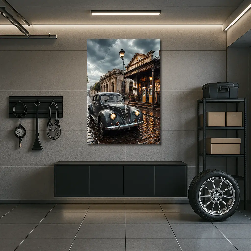 Retro Classic Car Rainy Cobblestone Street Scene – Wall Art