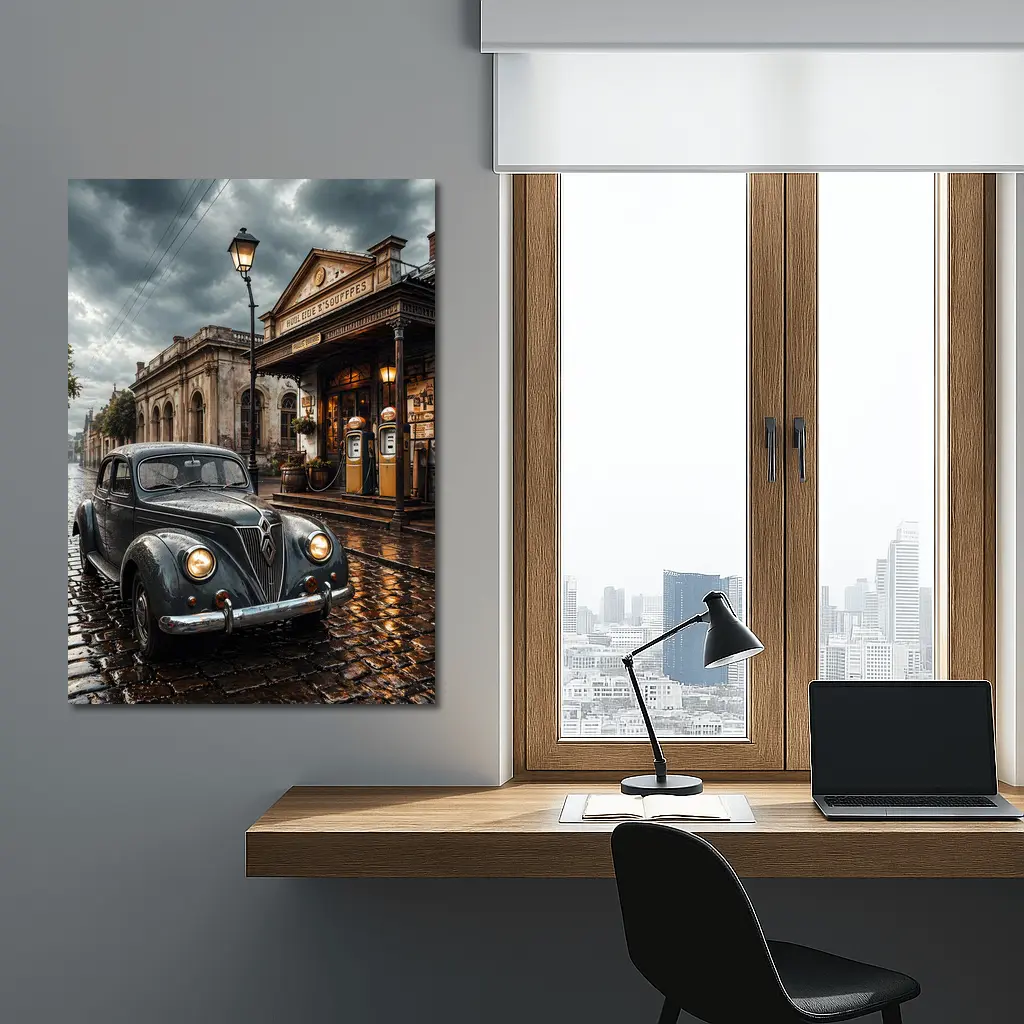 Retro Classic Car Rainy Cobblestone Street Scene – Wall Art