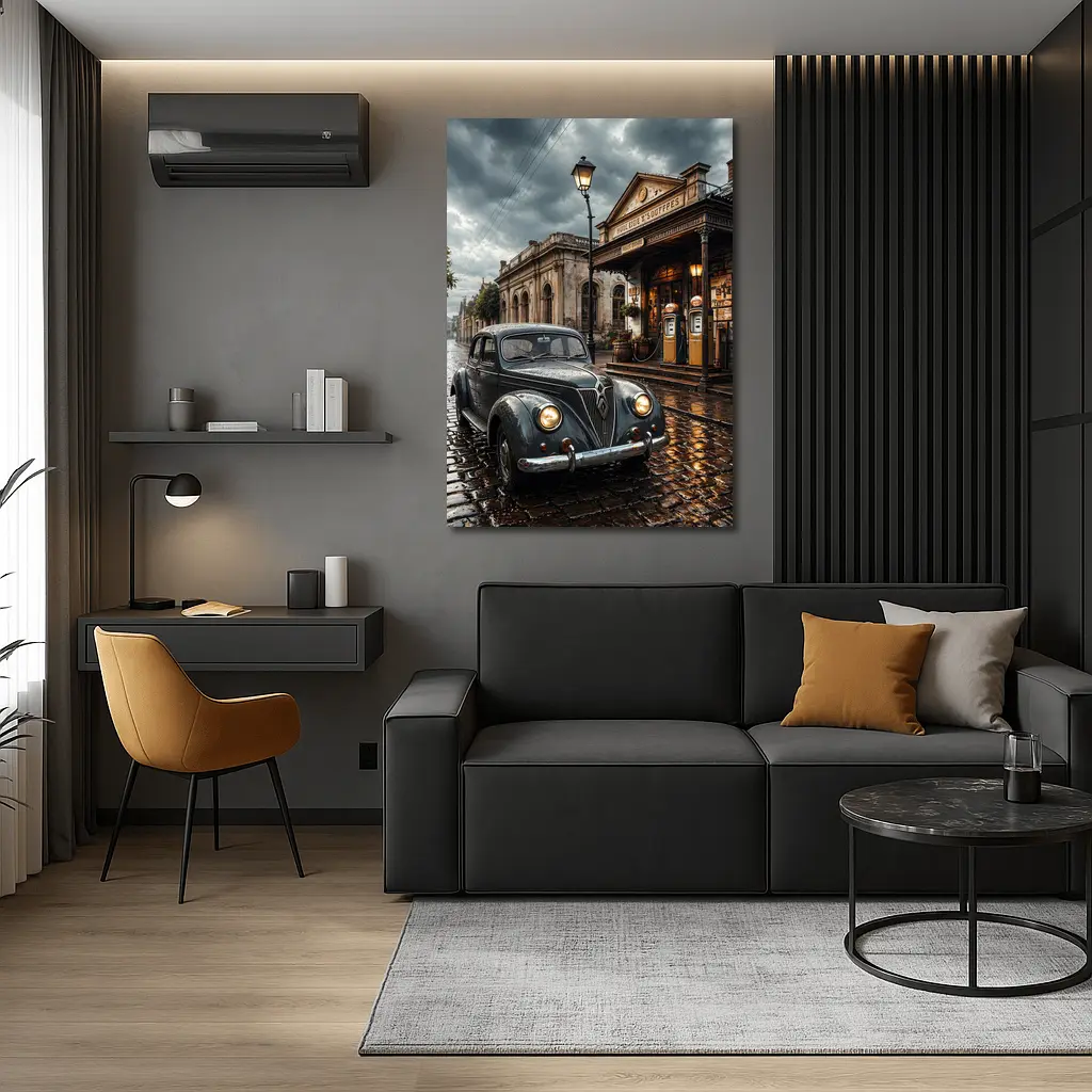 Retro Classic Car Rainy Cobblestone Street Scene – Wall Art