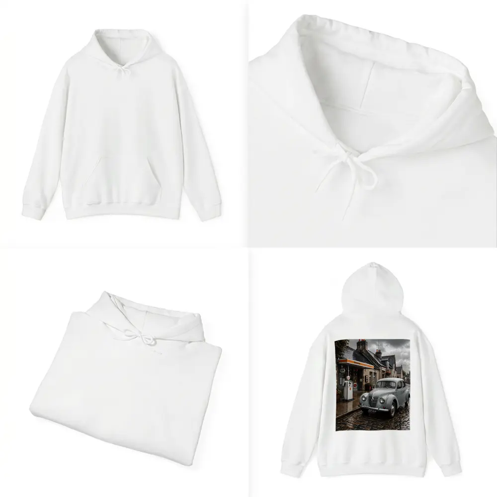 Vintage Renault Classic Car Rainy Cobblestone Street – Hoodies