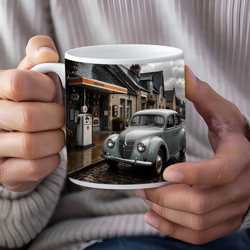 Vintage Renault Classic Car Rainy Cobblestone Street – Mugs