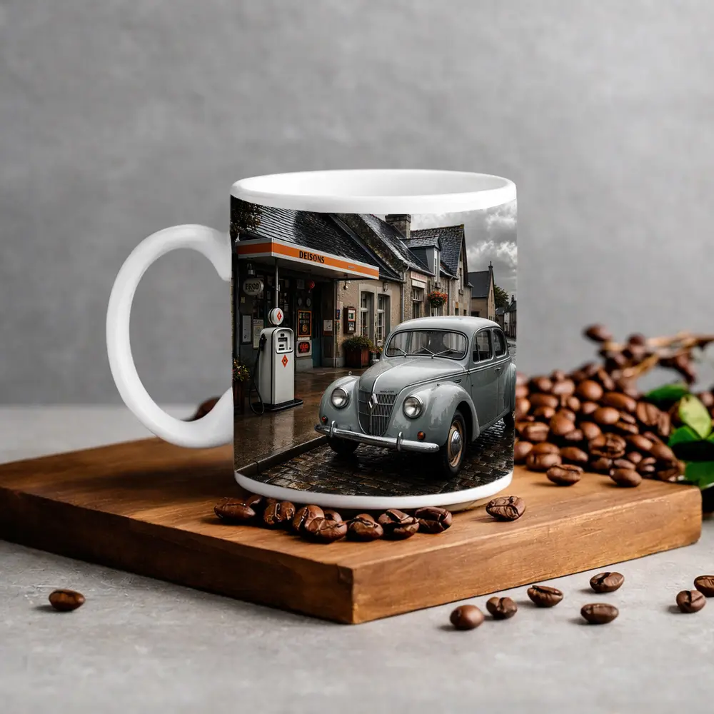 Vintage Renault Classic Car Rainy Cobblestone Street – Mugs