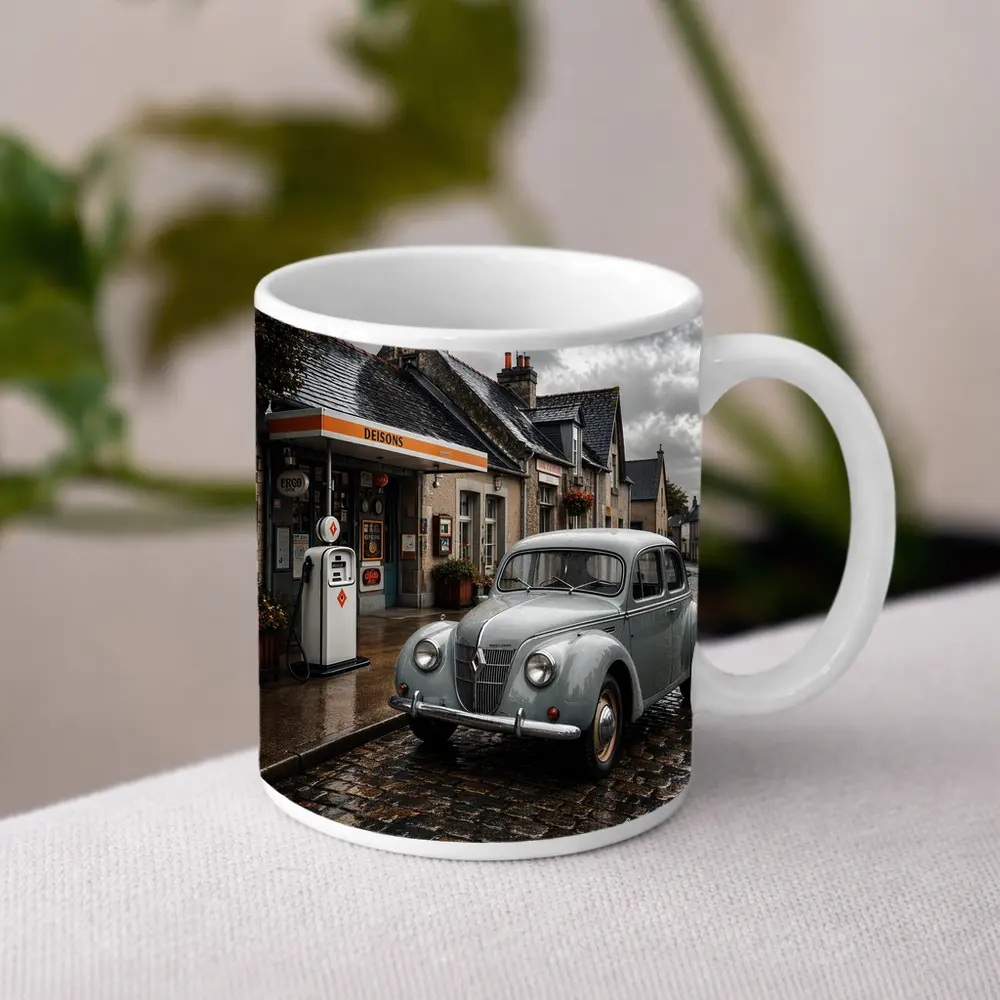 Vintage Renault Classic Car Rainy Cobblestone Street – Mugs
