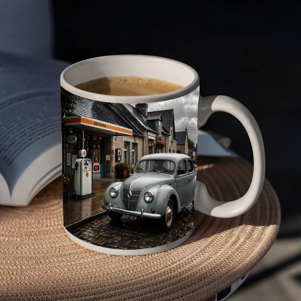 Vintage Renault Classic Car Rainy Cobblestone Street – Mugs