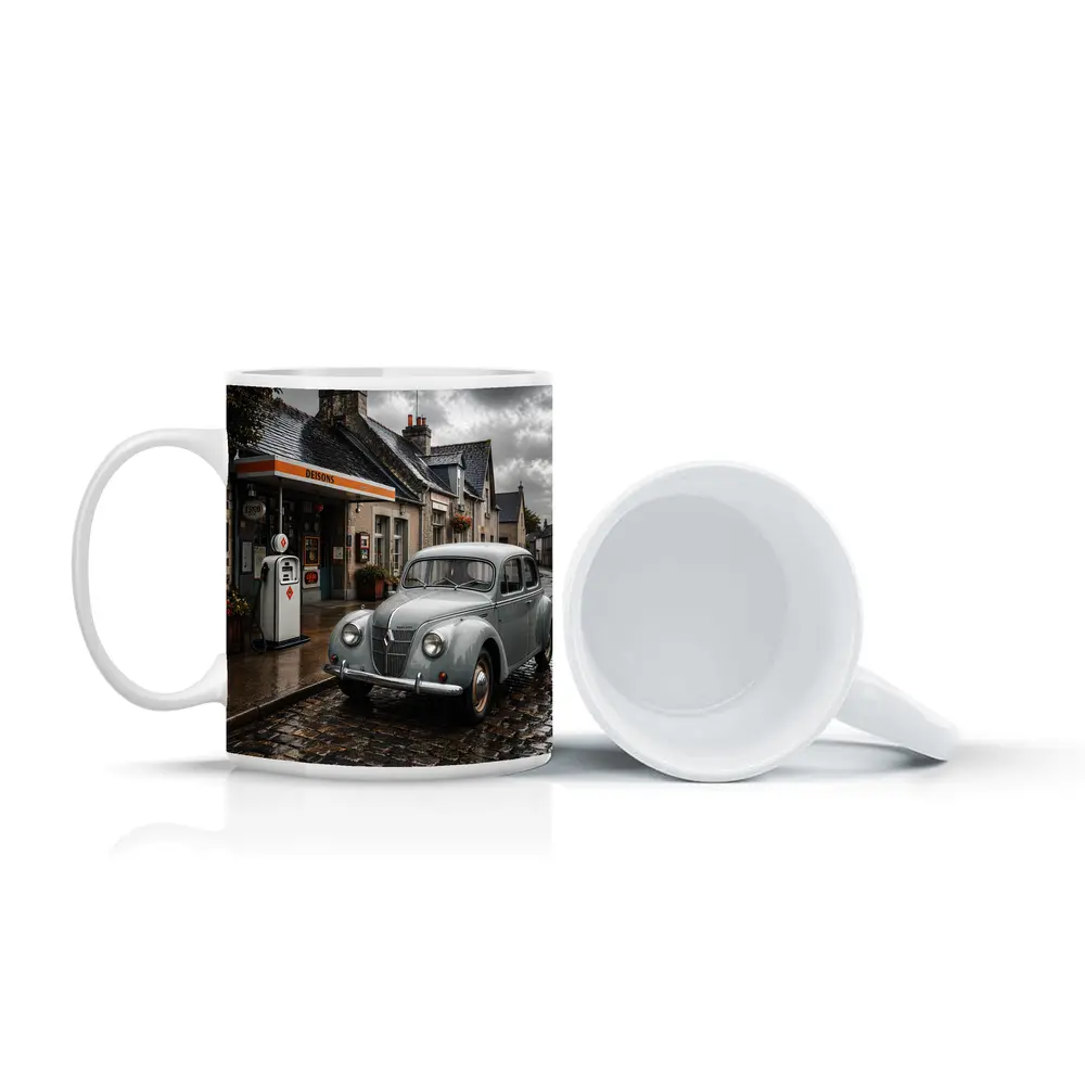 Vintage Renault Classic Car Rainy Cobblestone Street – Mugs