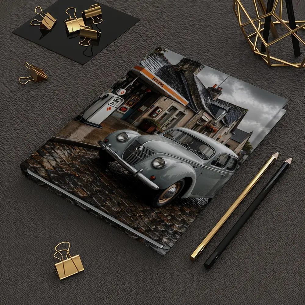 Vintage Renault Classic Car Rainy Cobblestone Street – Notebooks
