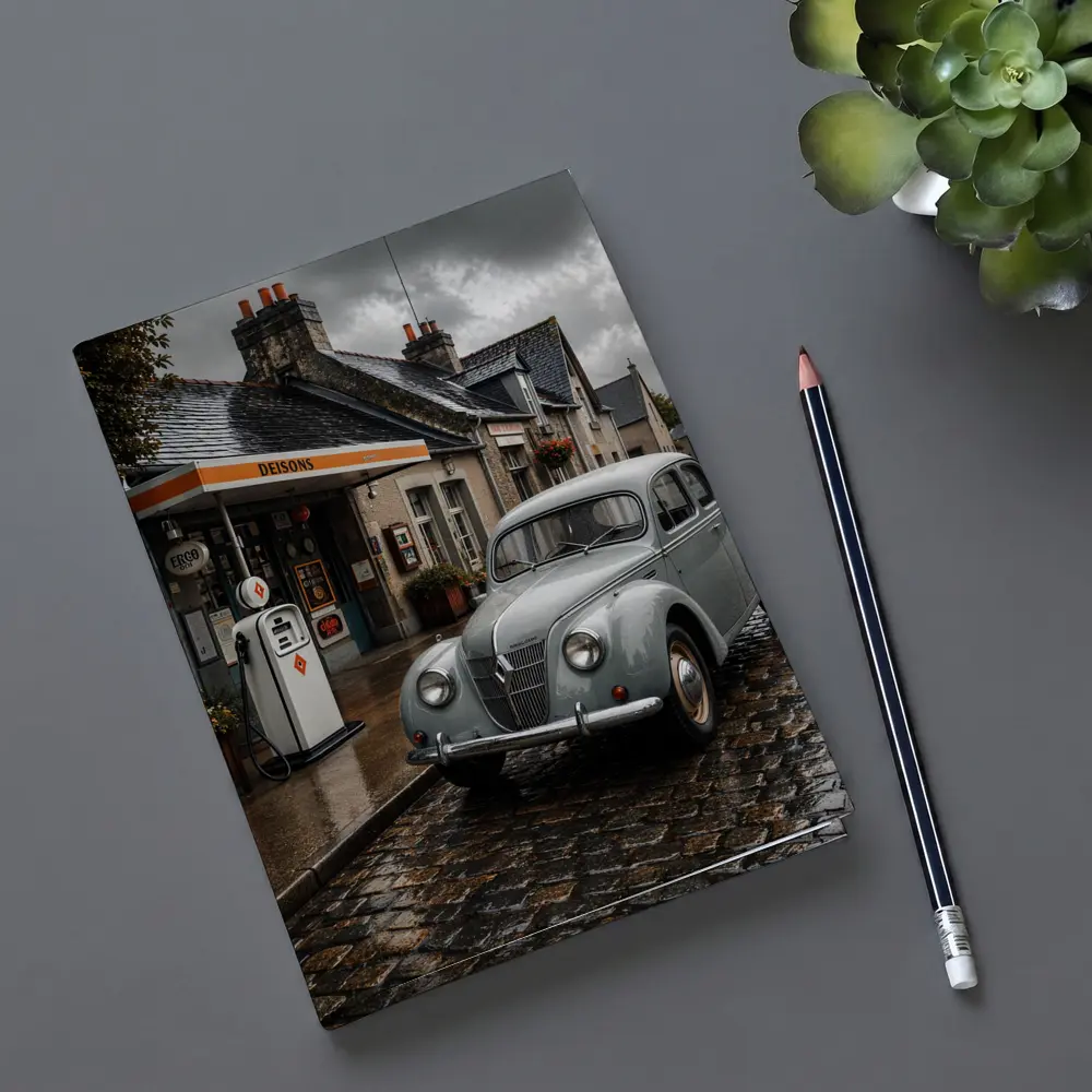 Vintage Renault Classic Car Rainy Cobblestone Street – Notebooks