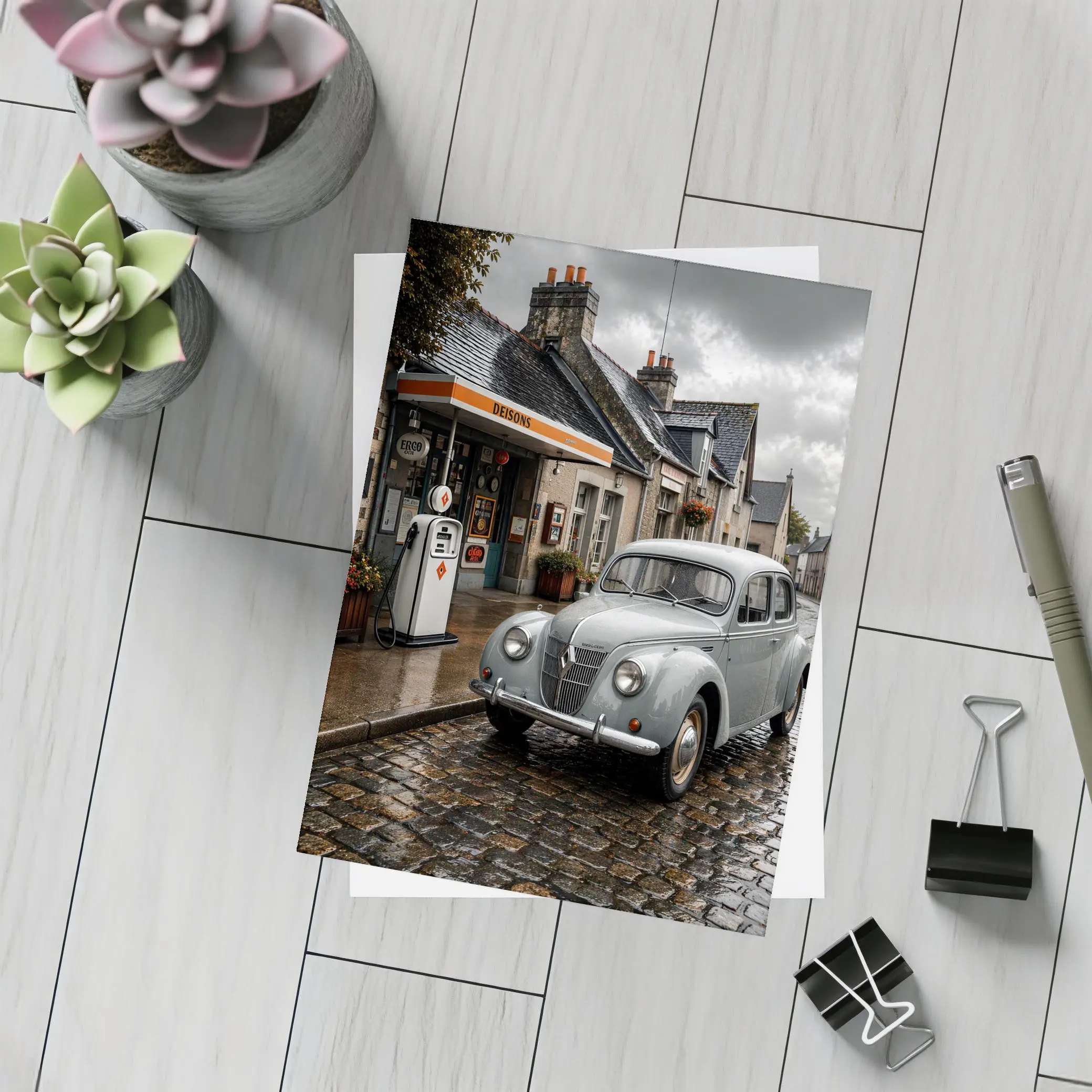 Vintage Renault Classic Car Rainy Cobblestone Street – Postcards