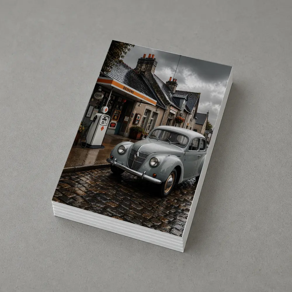 Vintage Renault Classic Car Rainy Cobblestone Street – Postcards