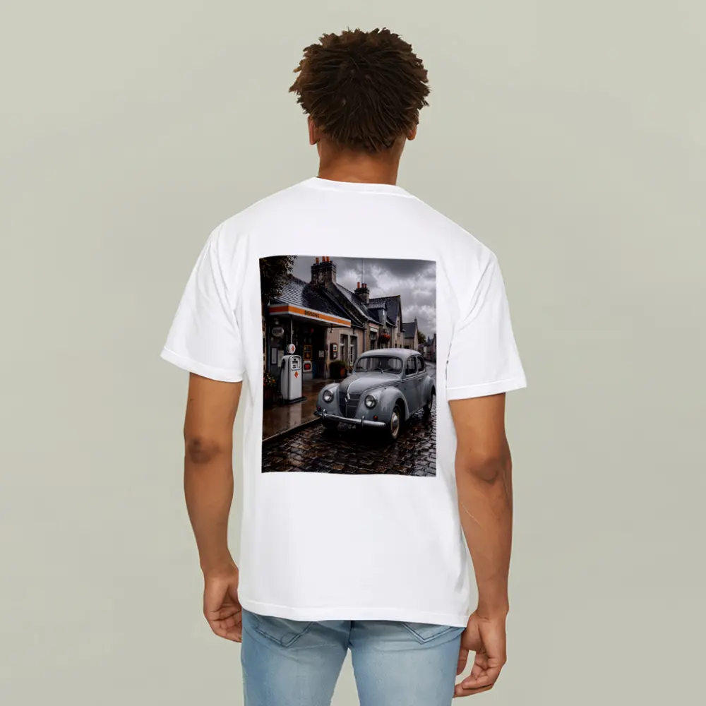 Vintage Renault Classic Car Rainy Cobblestone Street – T-Shirts