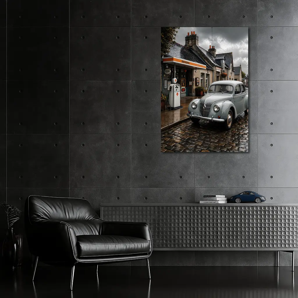Vintage Renault Classic Car Rainy Cobblestone Street – Wall Art