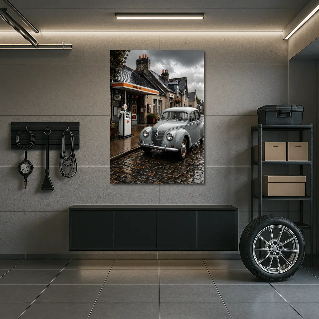Vintage Renault Classic Car Rainy Cobblestone Street – Wall Art