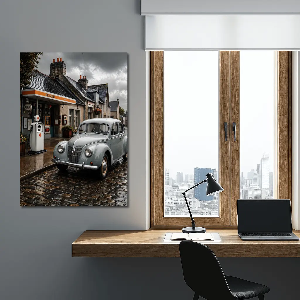 Vintage Renault Classic Car Rainy Cobblestone Street – Wall Art