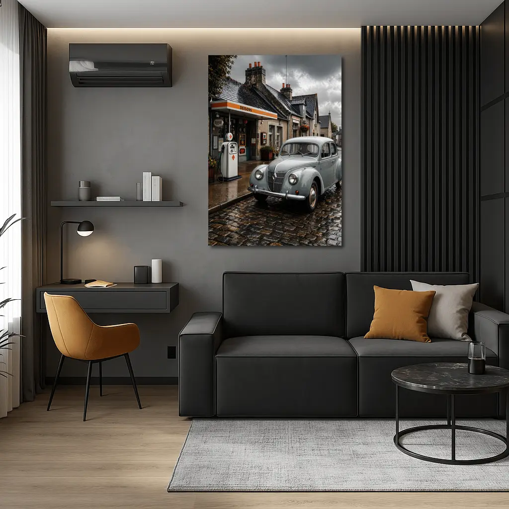 Vintage Renault Classic Car Rainy Cobblestone Street – Wall Art