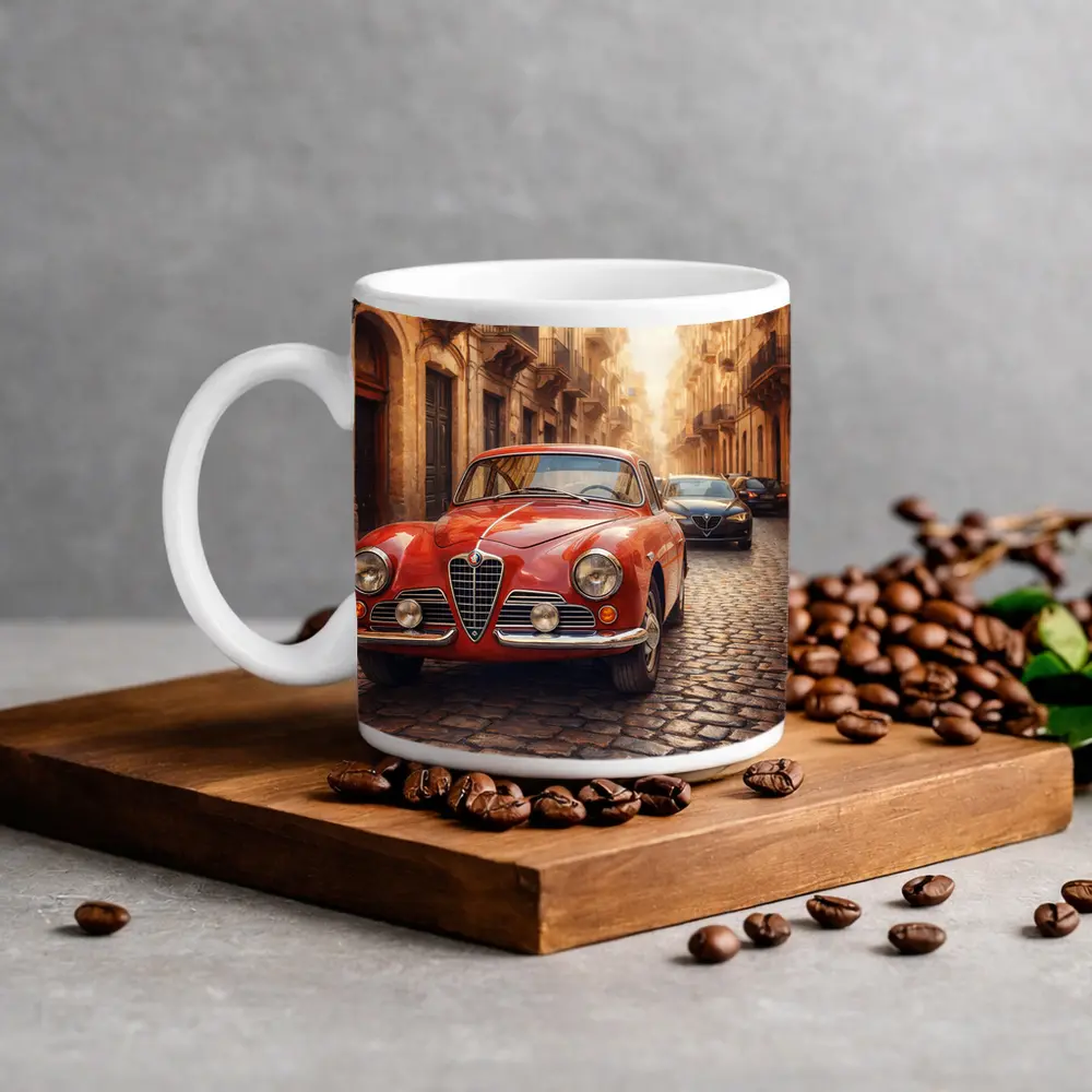 Alfa Romeo Classic Car Cobblestone Street Scene – Mugs