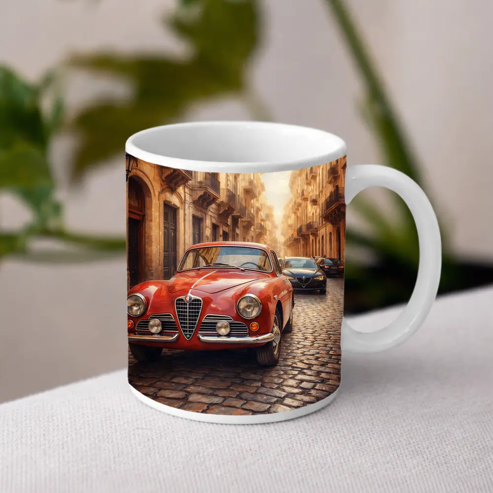 Alfa Romeo Classic Car Cobblestone Street Scene – Mugs