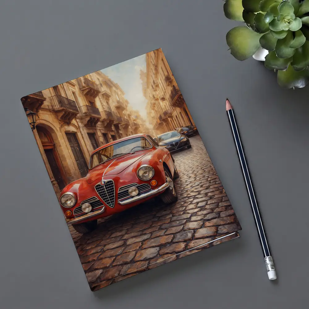 Alfa Romeo Classic Car Cobblestone Street Scene – Notebooks