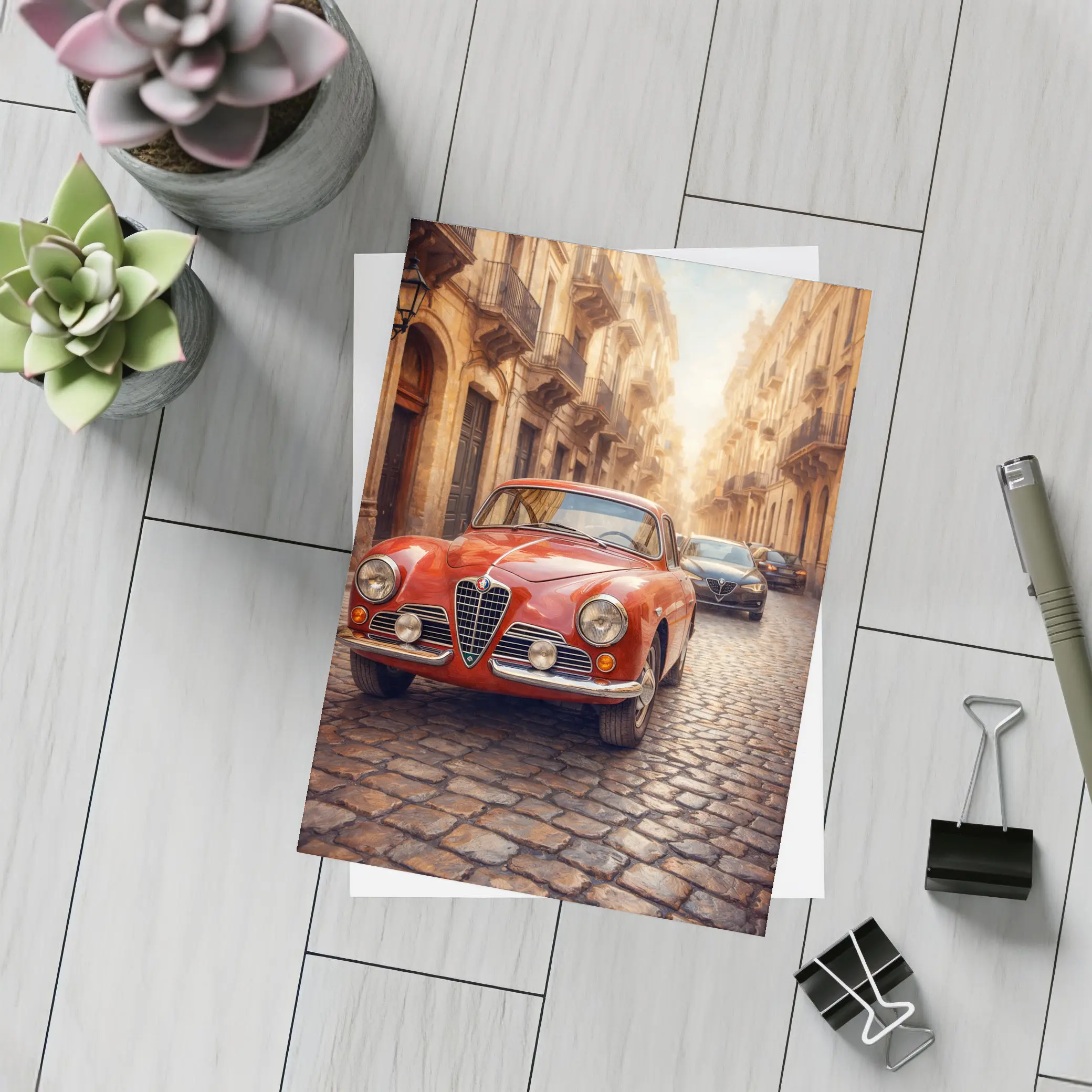 Alfa Romeo Classic Car Cobblestone Street Scene – Postcards