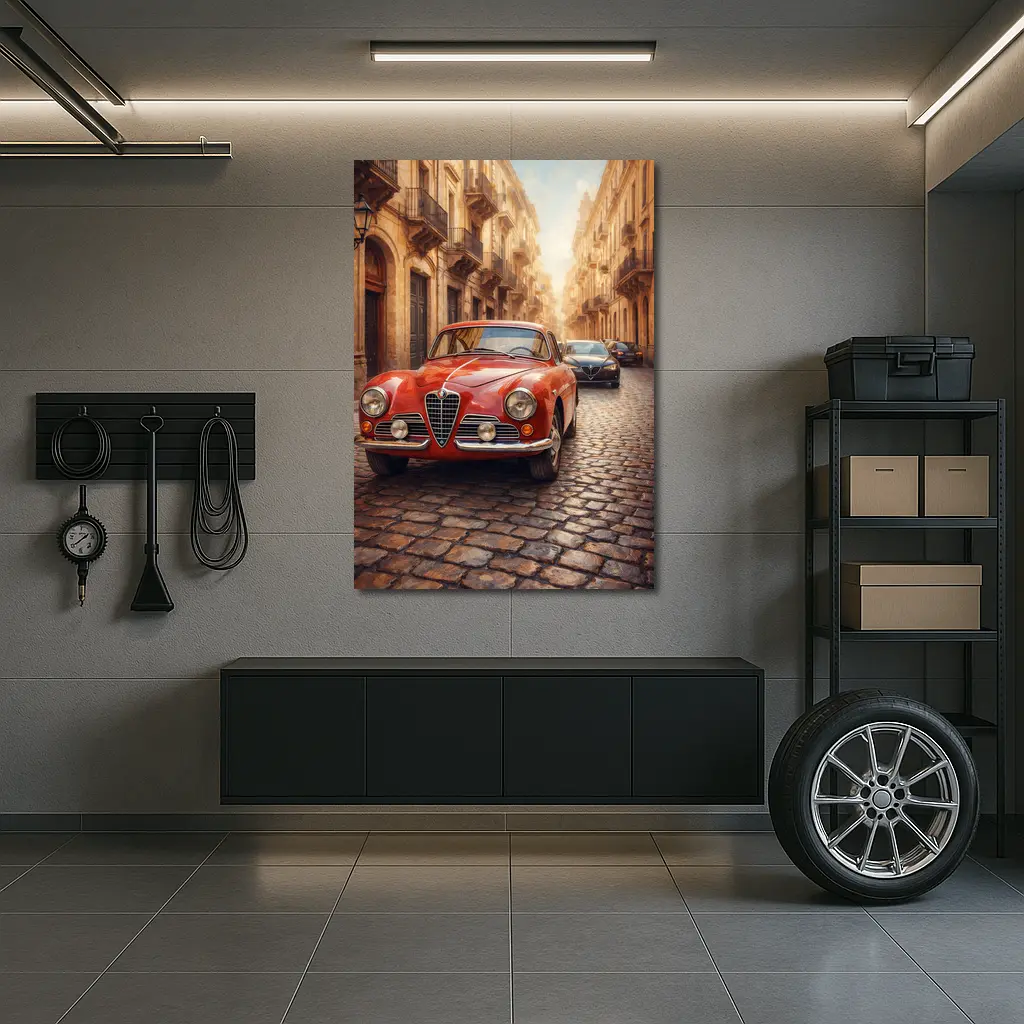 Alfa Romeo Classic Car Cobblestone Street Scene – Wall Art