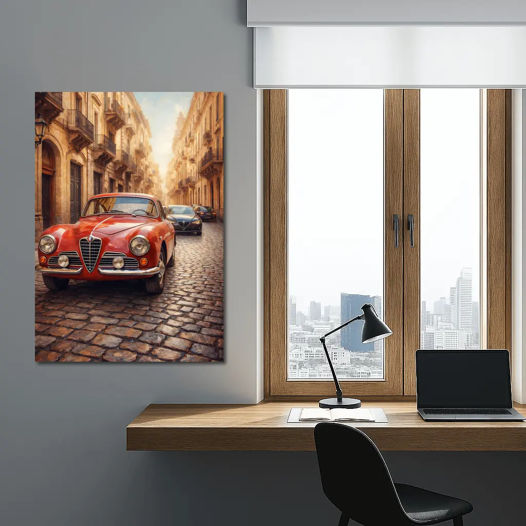 Alfa Romeo Classic Car Cobblestone Street Scene – Wall Art