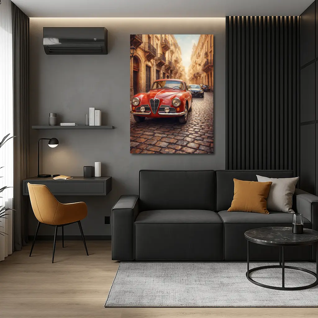 Alfa Romeo Classic Car Cobblestone Street Scene – Wall Art