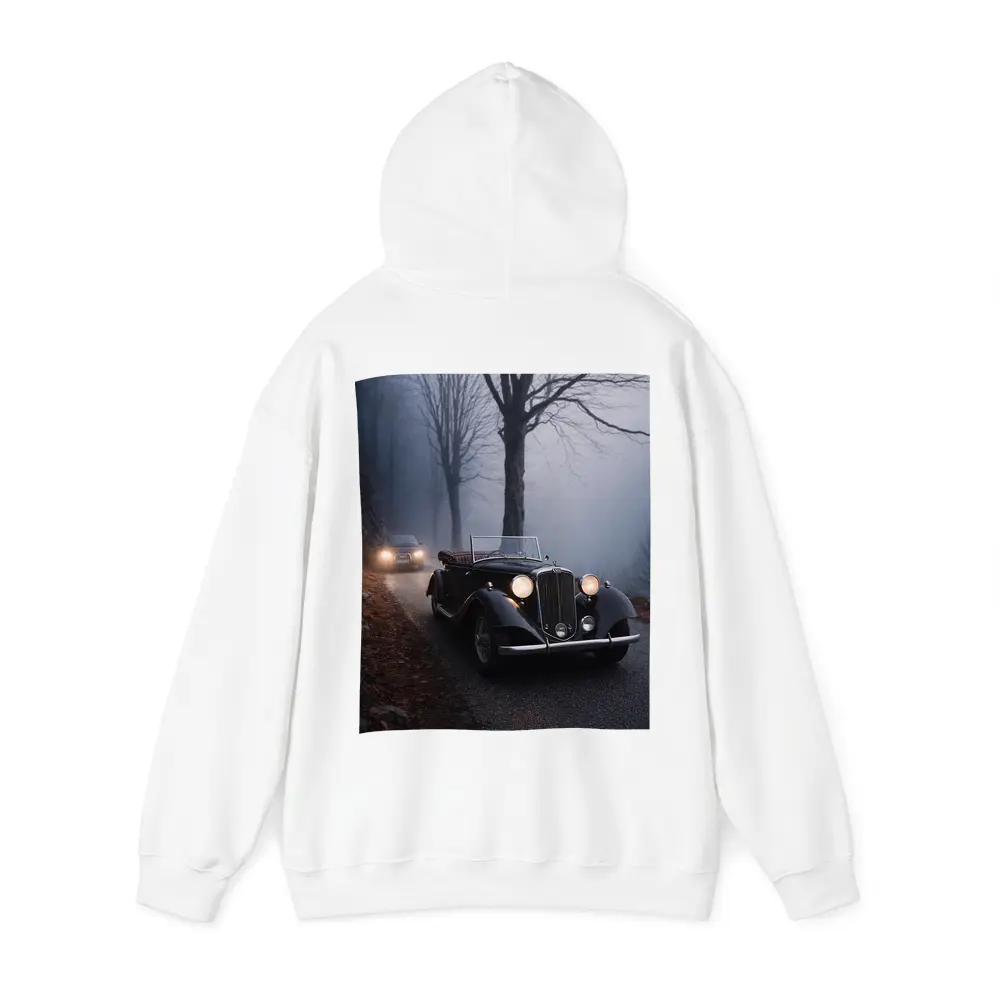 Dark Classic Car on Foggy Forest Road – Hoodies