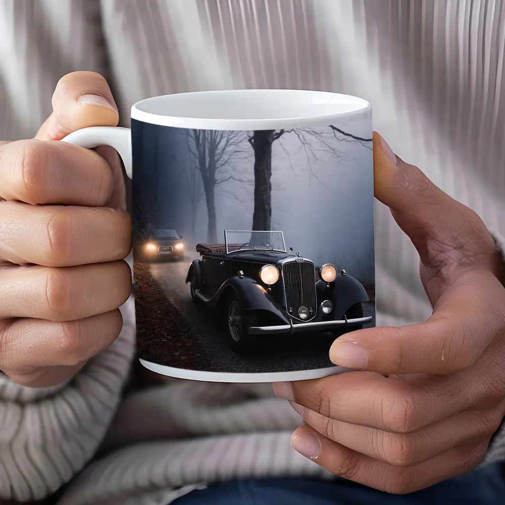 Dark Classic Car on Foggy Forest Road – Mugs