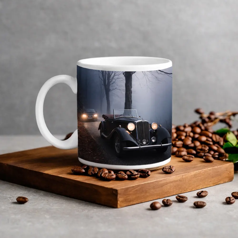 Dark Classic Car on Foggy Forest Road – Mugs