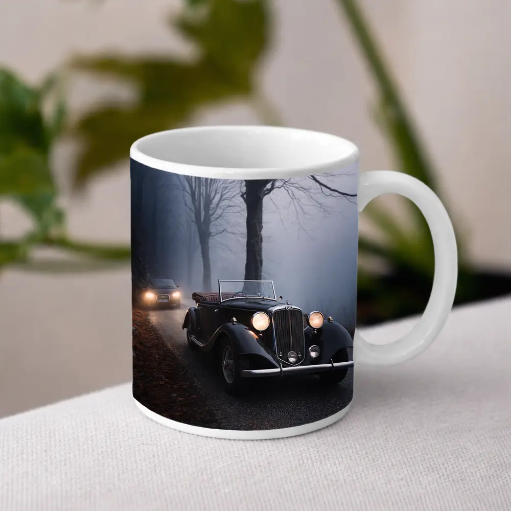 Dark Classic Car on Foggy Forest Road – Mugs