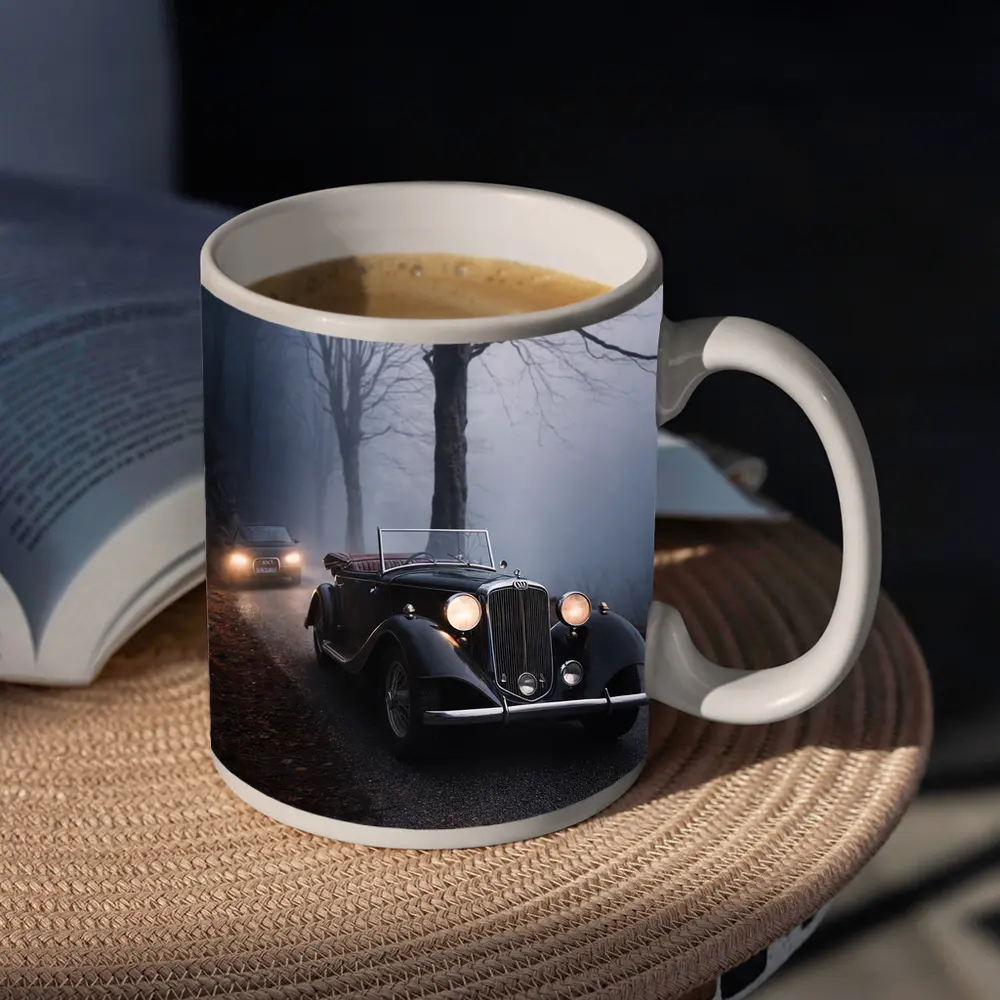 Dark Classic Car on Foggy Forest Road – Mugs