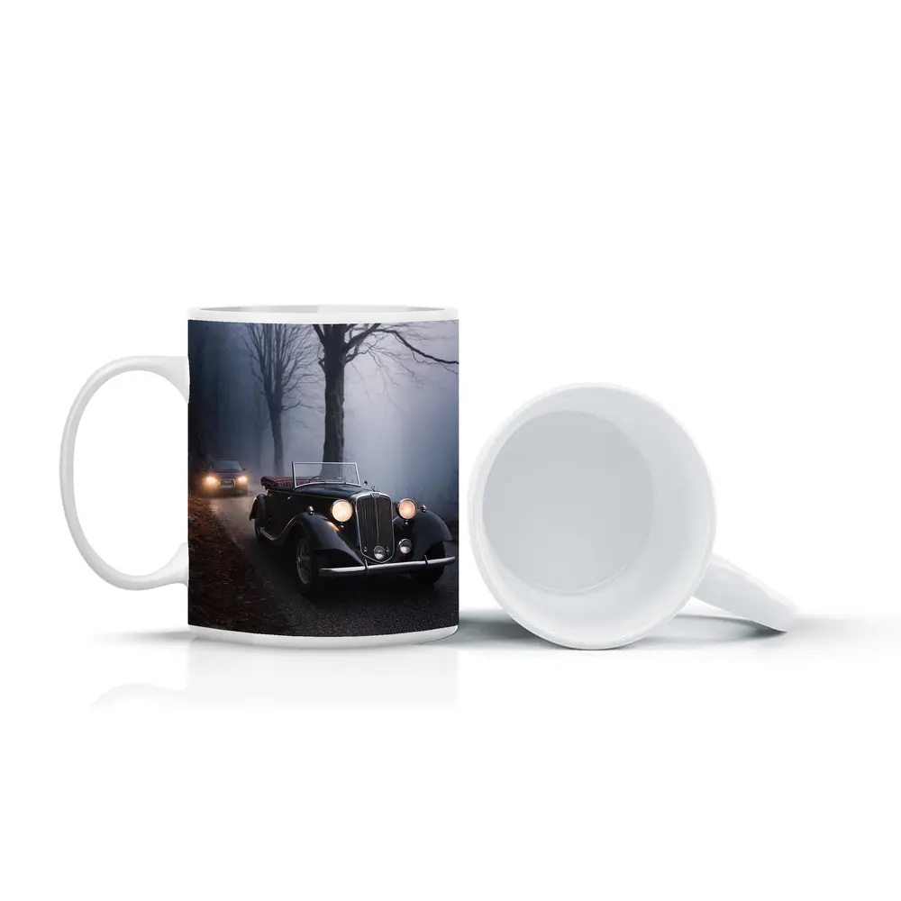 Dark Classic Car on Foggy Forest Road – Mugs