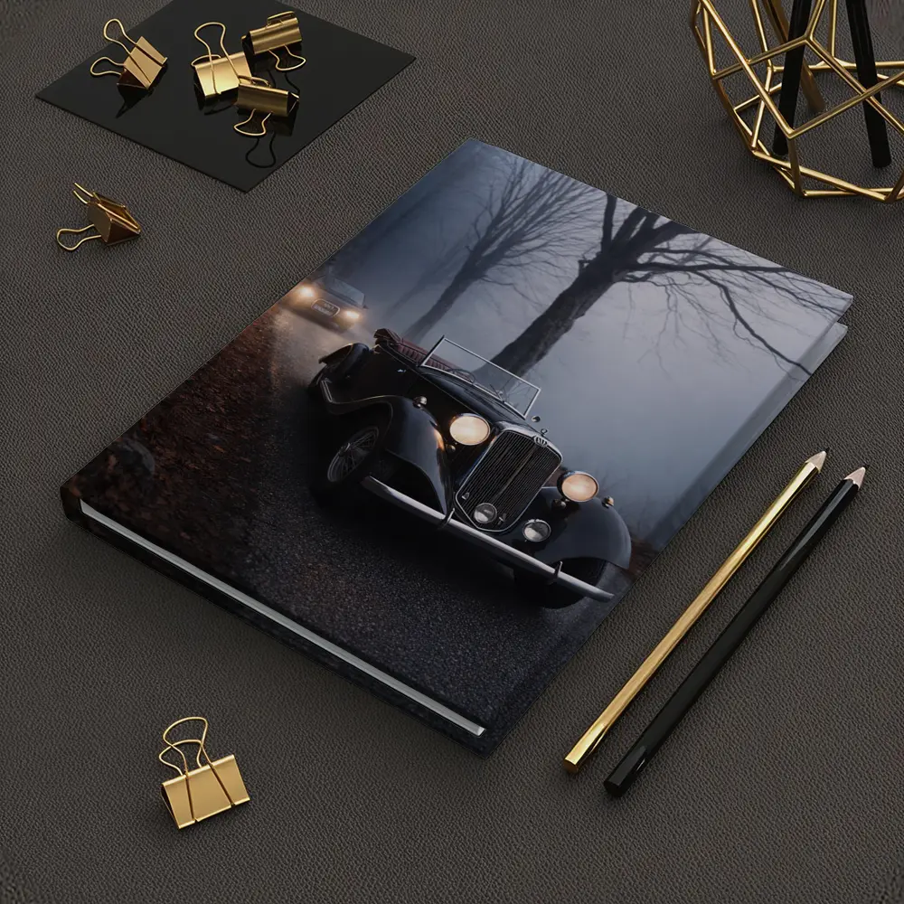 Dark Classic Car on Foggy Forest Road – Notebooks